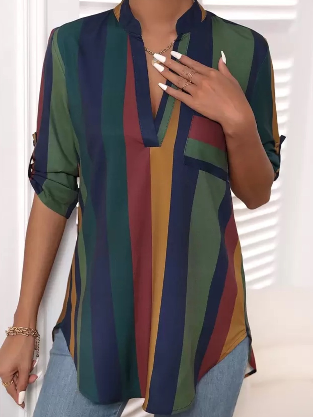 Emery Rose Colorblock Striped Tunic Top Womens Medium Boho Workwear Blouse